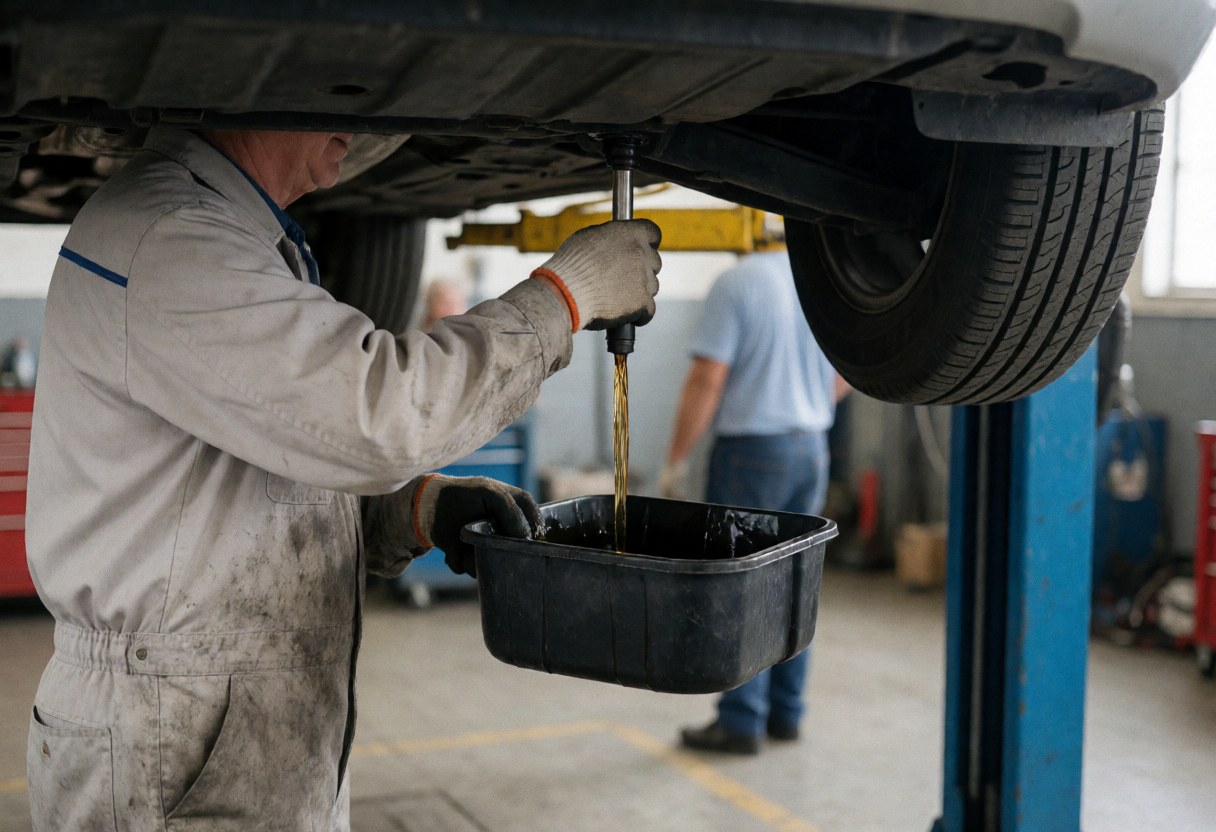 A mechanic wearing gloves drains oil from a raised vehicle into a black container in an industrial repair shop with another worker in the background