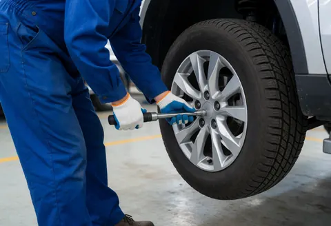 Technician in blue pants and gloves installs black tire on silver alloy wheel using torque wrench in clean concrete shop with bright work lights