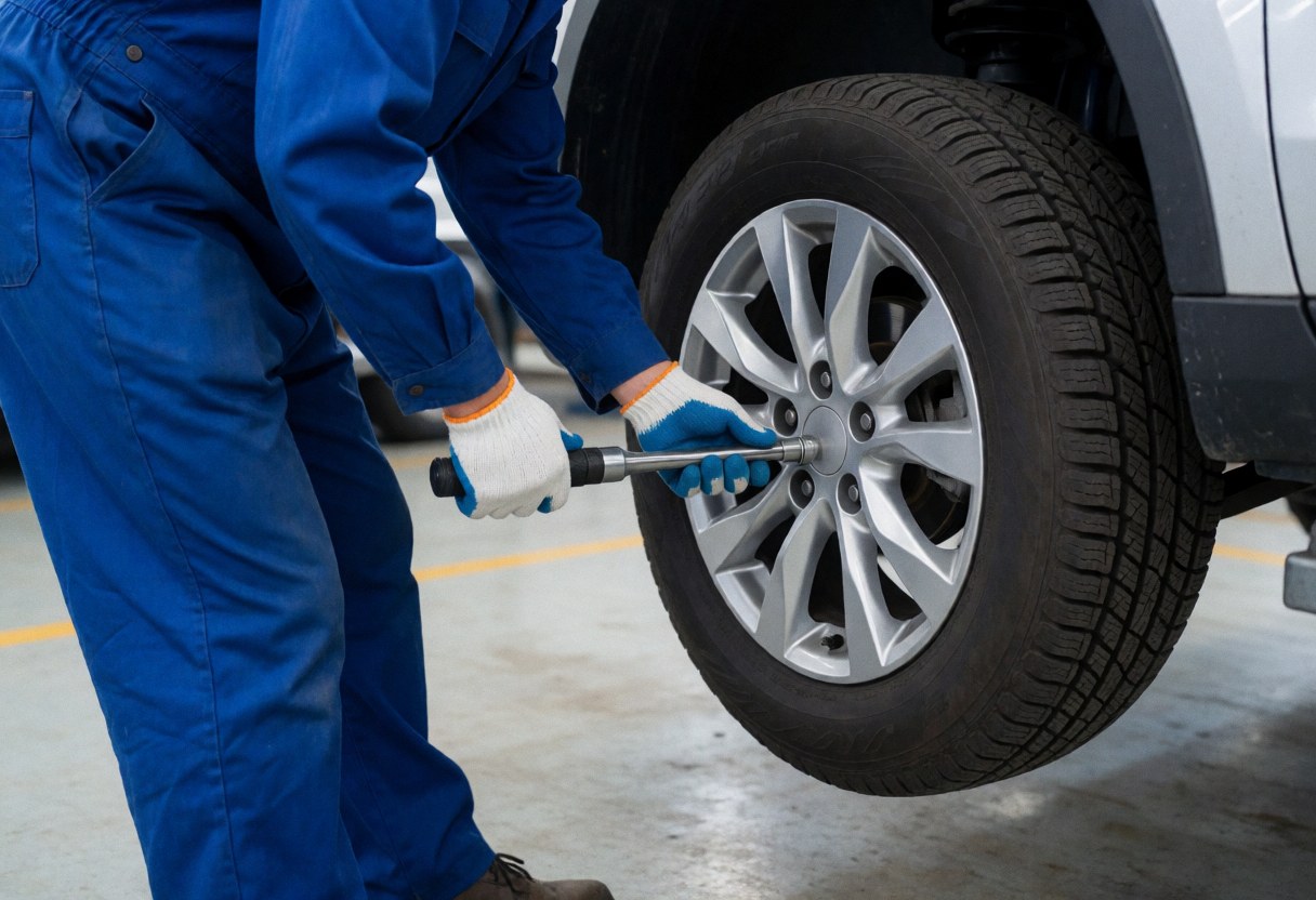 Technician in blue pants and gloves installs black tire on silver alloy wheel using torque wrench in clean concrete shop with bright work lights