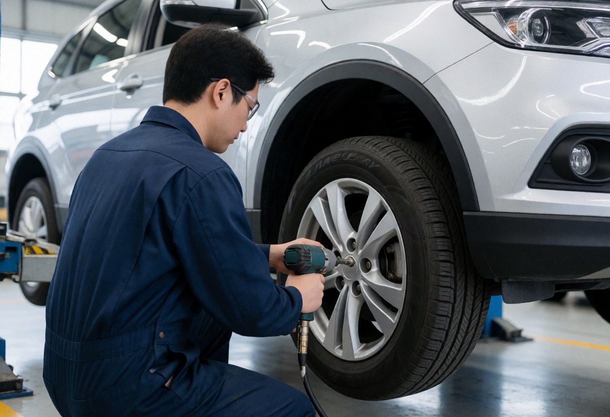 Professional mechanic in blue uniform using a pneumatic tool to remove a lug nut from a silver SUV tire in a well-lit garage.