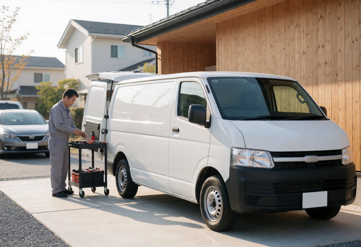 Mechanic in gray uniform organizing tools on a cart in front of a white pickup truck parked at a residential home.