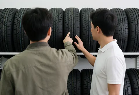 A customer and salesperson review a tire on a shelf in a clean tire shop, both showing selection gestures.