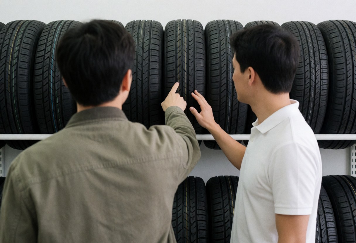 A customer and salesperson review a tire on a shelf in a clean tire shop, both showing selection gestures.