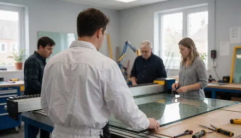 A glazier in a white uniform inspects a glass sheet on a worktable while other workers observe in a well-lit workshop.