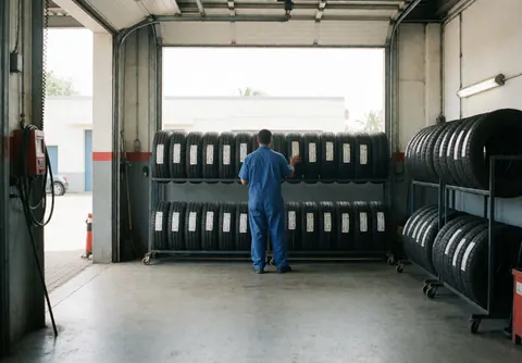Mechanic in blue uniform arranging new tires on metal shelves in a well-lit tire shop with natural light entering through large doors.