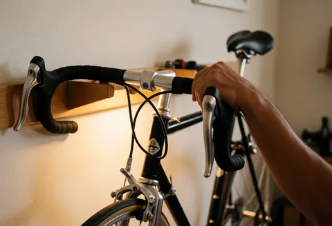 Close-up of a hand gripping a bicycle handlebar in a workshop setting with warm lighting and visible metallic details.