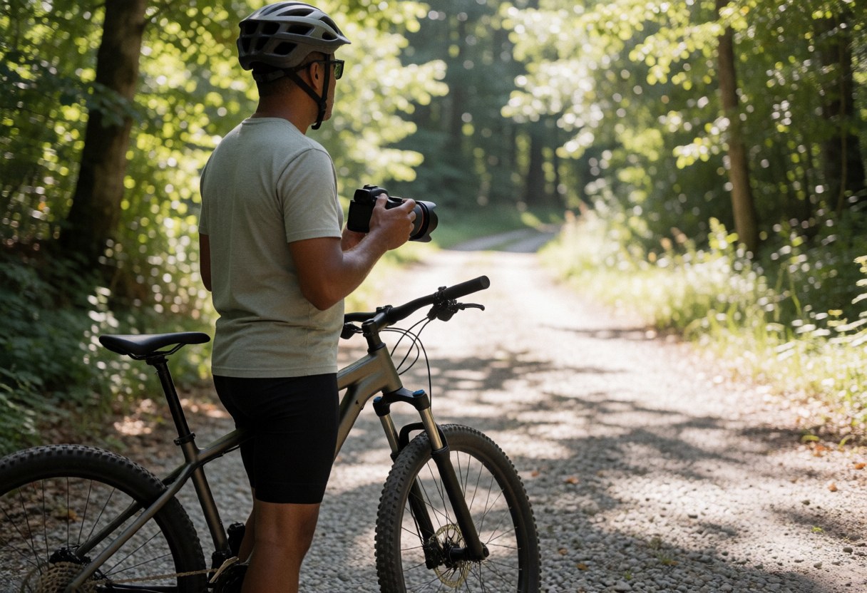 Mountain biker on a forest trail taking photos with a camera, sunlight filtering through trees, natural and relaxed atmosphere.