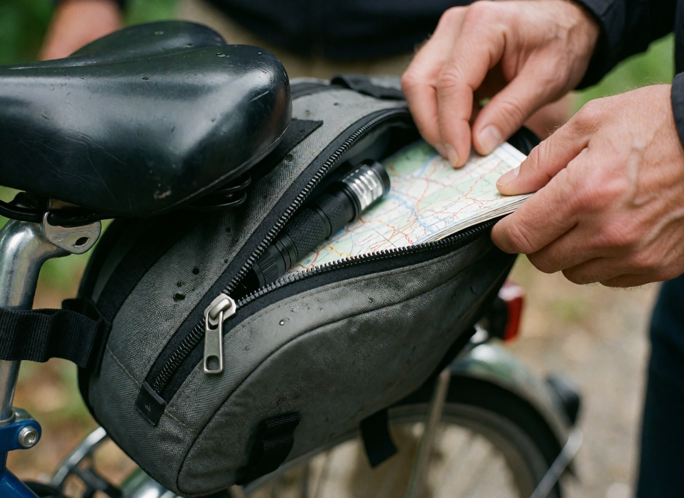 Close-up of hands securing a map inside a gray bicycle bag with a flashlight, focusing on the zipper and attachment points.