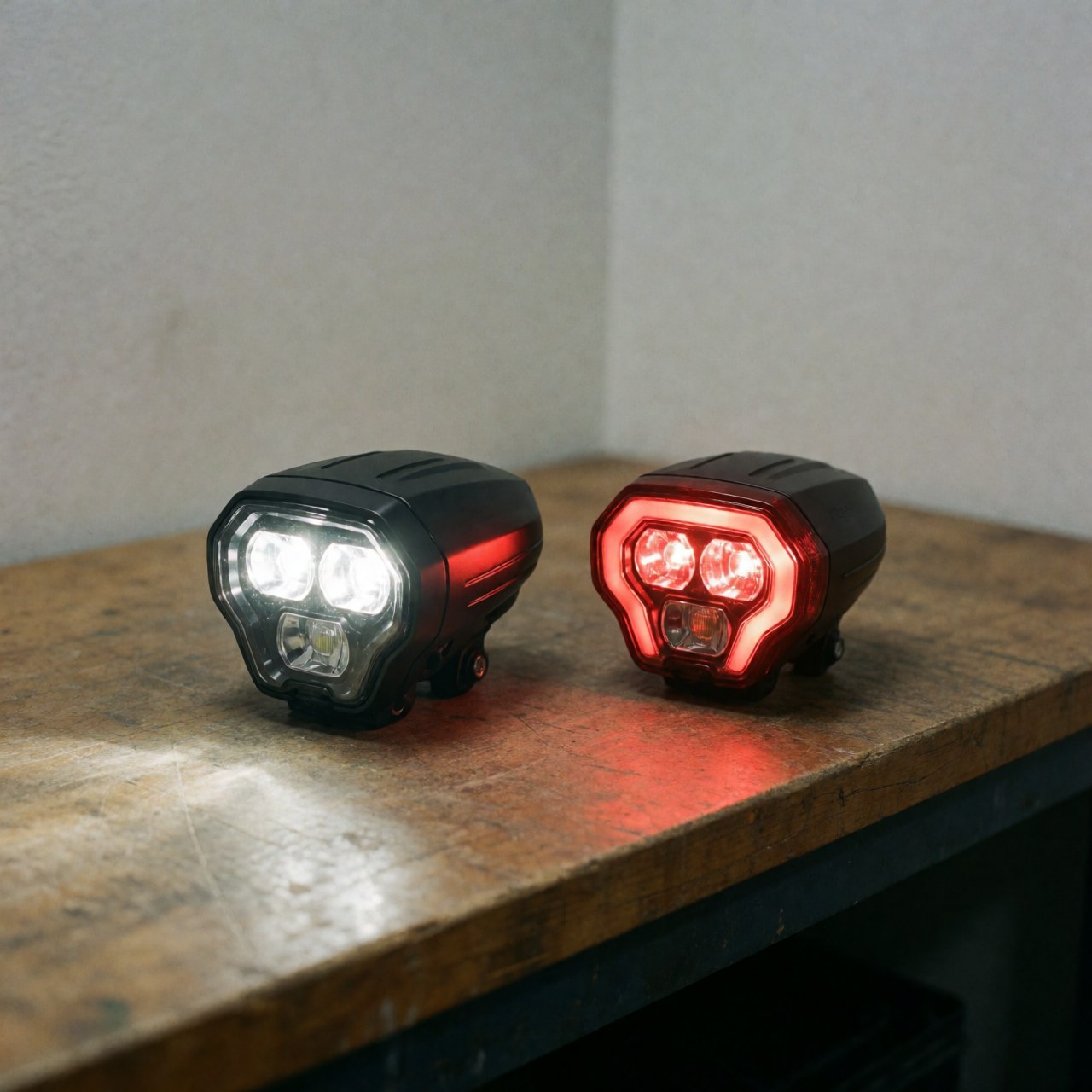 Two lit bicycle LED lights, one white and one red, placed on a textured wooden bench, highlighting component details with bright illumination.