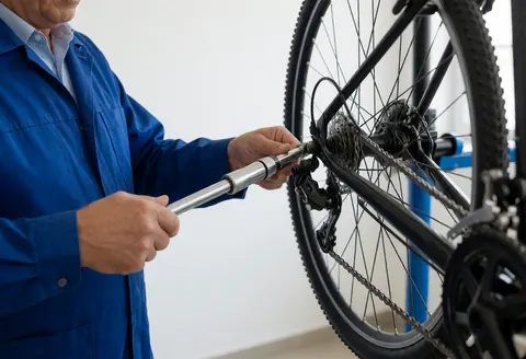 Close-up of hands using a torque wrench to adjust a bicycle chain in a clean workshop with a white background