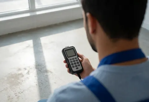 Technician using an acoustic detector to scan a concrete floor, with natural light coming through a window, focusing on the tool and floor texture.