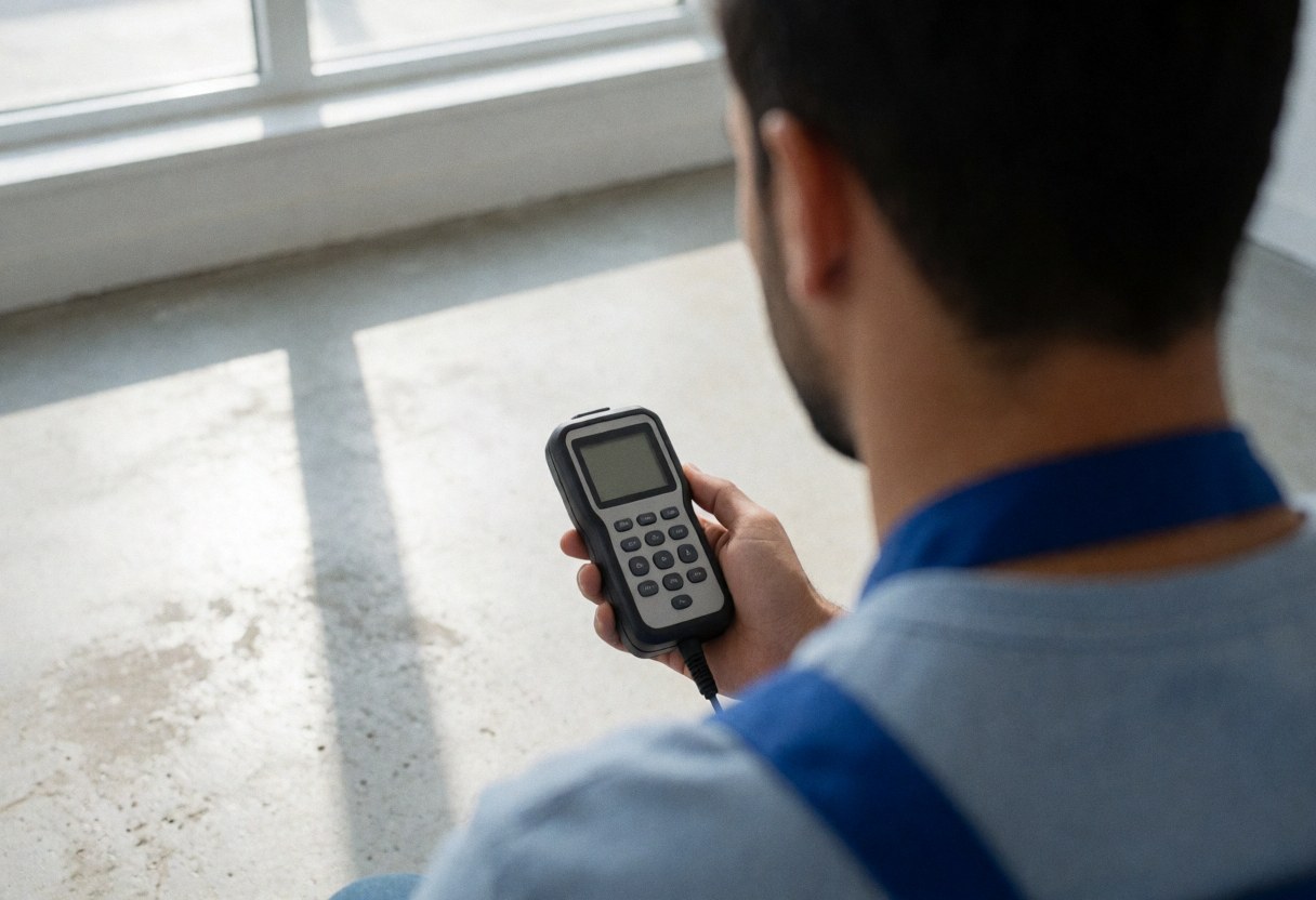 Technician using an acoustic detector to scan a concrete floor, with natural light coming through a window, focusing on the tool and floor texture.