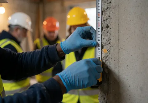 Gloved hands using a tape measure on a rough concrete wall with a blurred construction site background