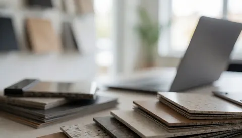 Office background featuring window samples and a laptop, ideal for commercial text overlays.