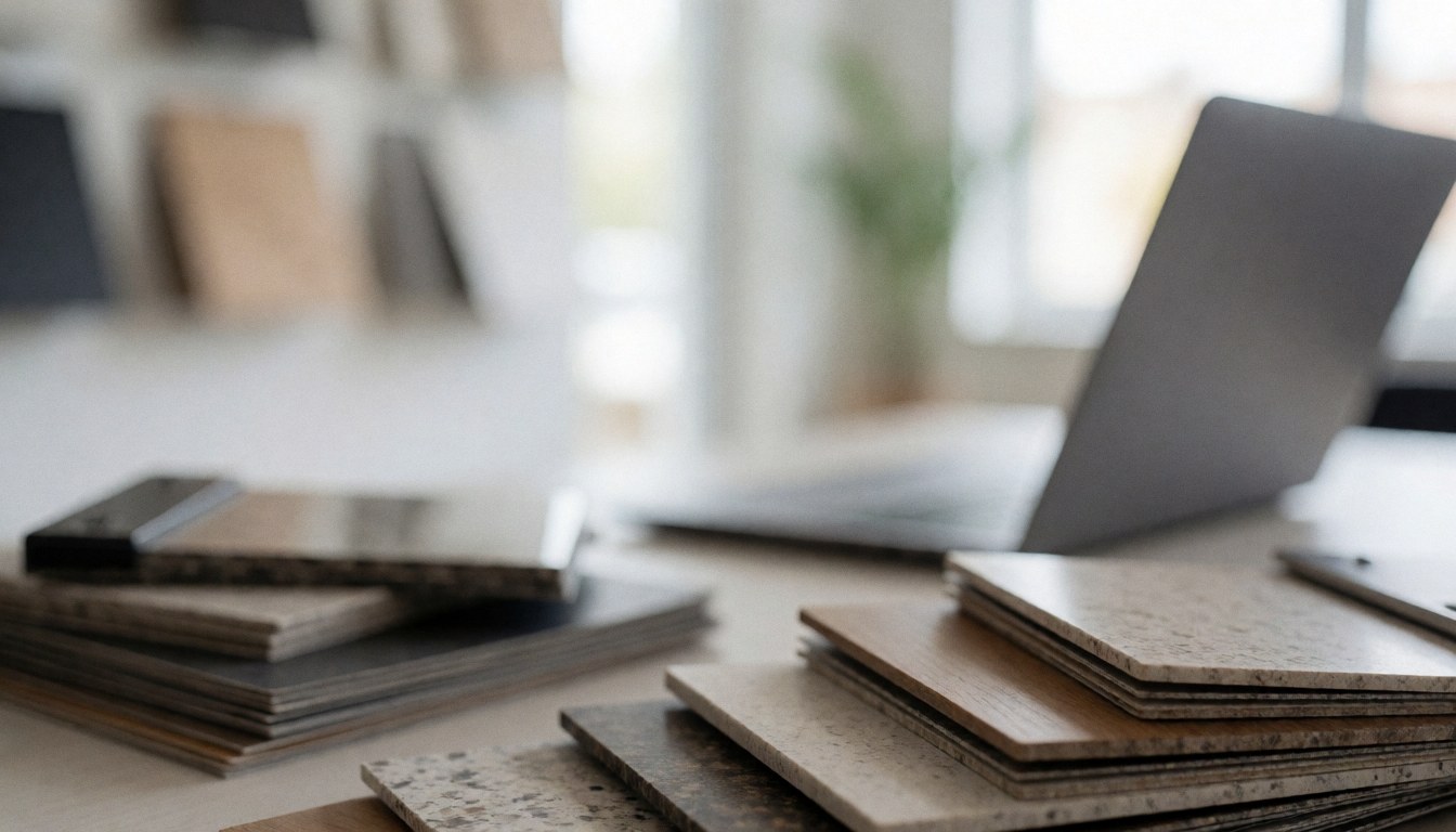Office background featuring window samples and a laptop, ideal for commercial text overlays.