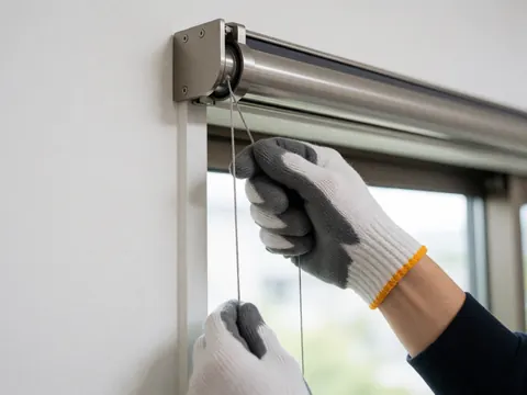 Close-up of a gloved hand adjusting a shiny metal mechanism for a solar blind during window installation with blurred background