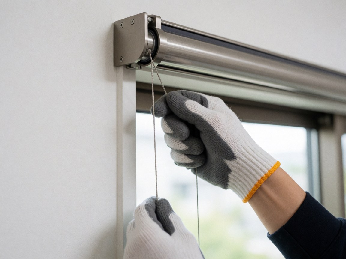 Close-up of a gloved hand adjusting a shiny metal mechanism for a solar blind during window installation with blurred background