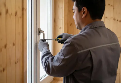 Technician in gray uniform adjusting a window handle using a yellow screwdriver in a well-lit interior with light wood walls