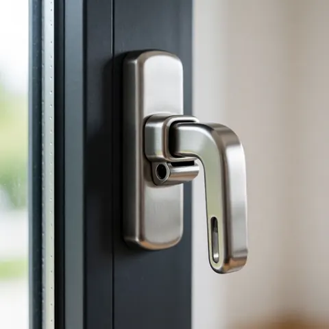 Close-up of a secure window locking mechanism featuring a sturdy metal handle mounted on a dark window frame, highlighting durability and protection.