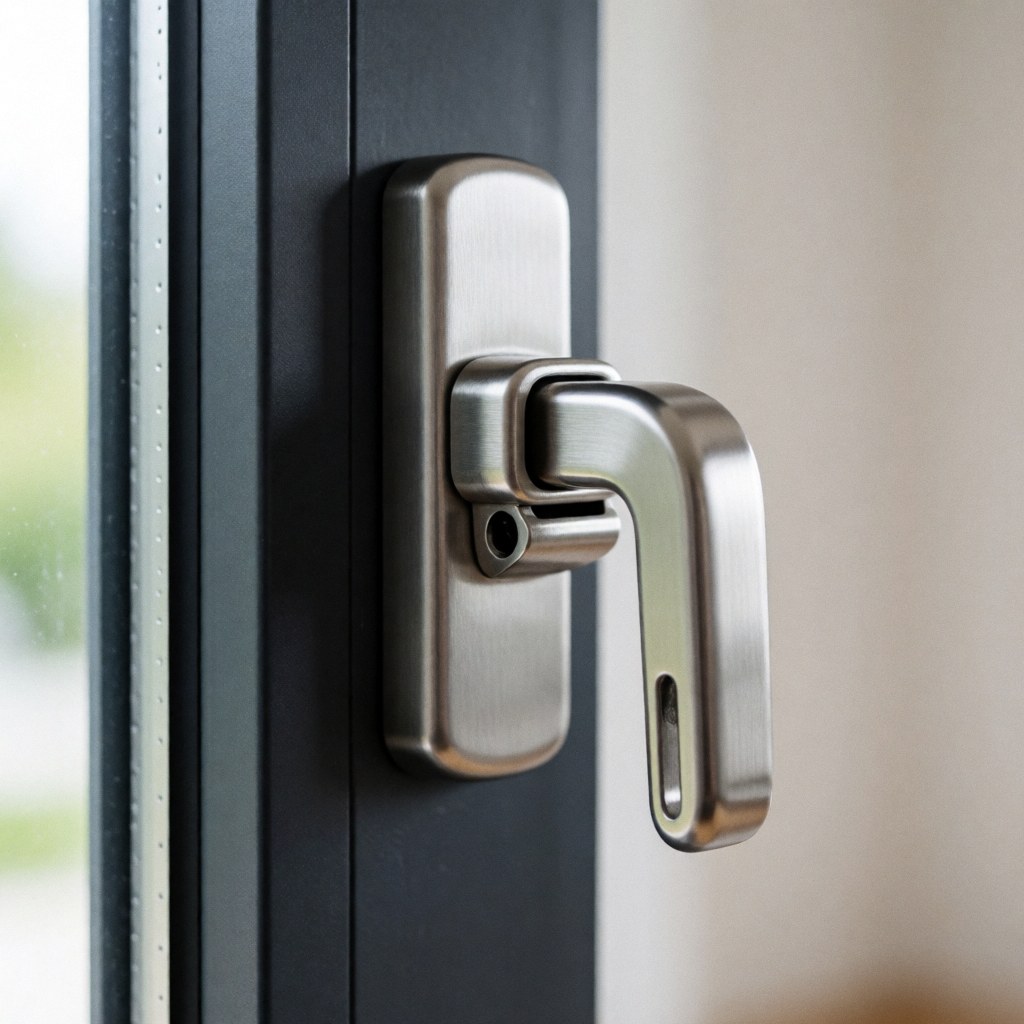 Close-up of a secure window locking mechanism featuring a sturdy metal handle mounted on a dark window frame, highlighting durability and protection.