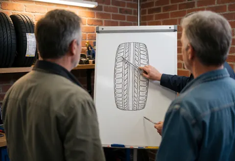 Mechanic pointing to a tire diagram on a whiteboard in a brick-walled garage with shelves of tires.