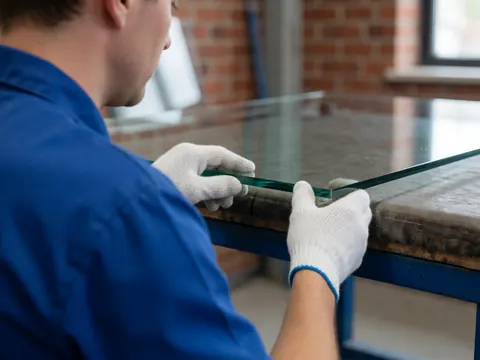 A technician wearing white gloves inspects the edge of a tempered glass panel on a workbench in a workshop with red brick walls.