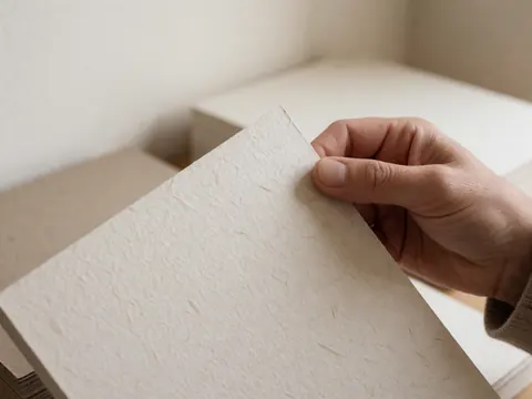 Close-up of a hand holding thick textured paper with visible grain, ideal for graphic printing against a blurred background of neutral paper stacks.