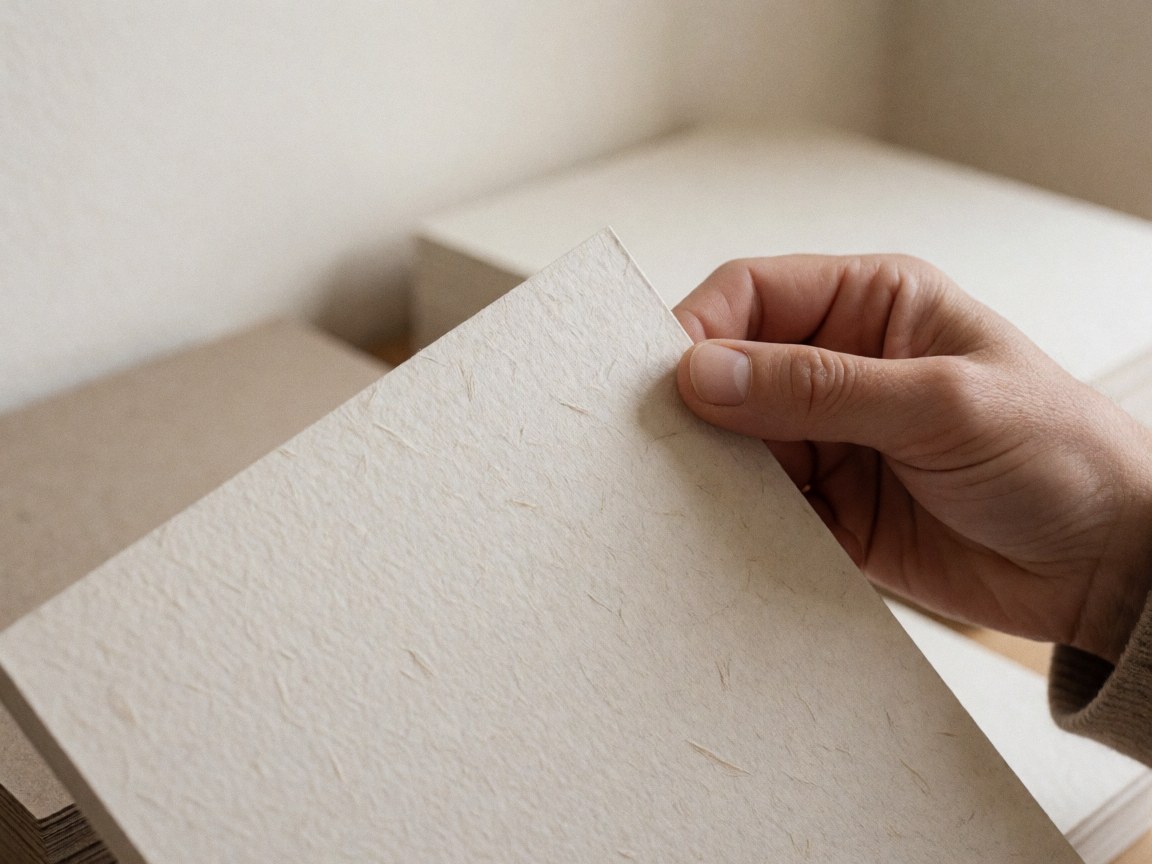 Close-up of a hand holding thick textured paper with visible grain, ideal for graphic printing against a blurred background of neutral paper stacks.
