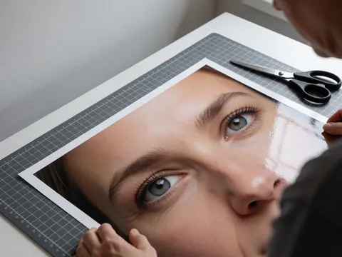 Professional hands using scissors to cut a graphic print on a cutting mat, showing details of the printed image and material.