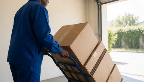 Worker in blue uniform pushing cart with cardboard boxes near garage door in warehouse