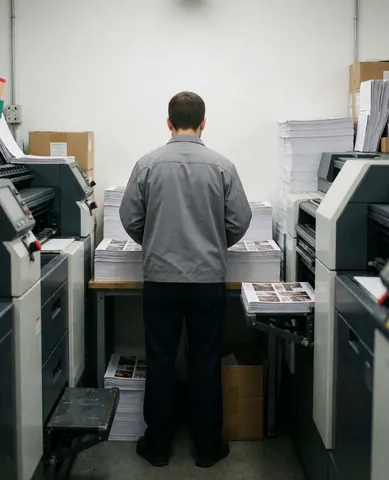 Printing technician reviewing stacks of brochures among machines with a pile of paper and a white wall.