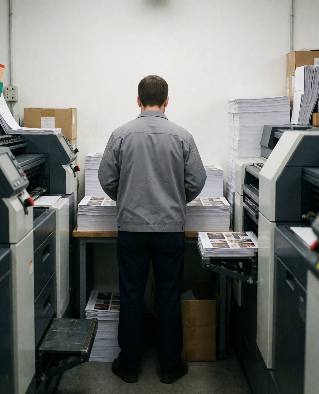 Printing technician reviewing stacks of brochures among machines with a pile of paper and a white wall.