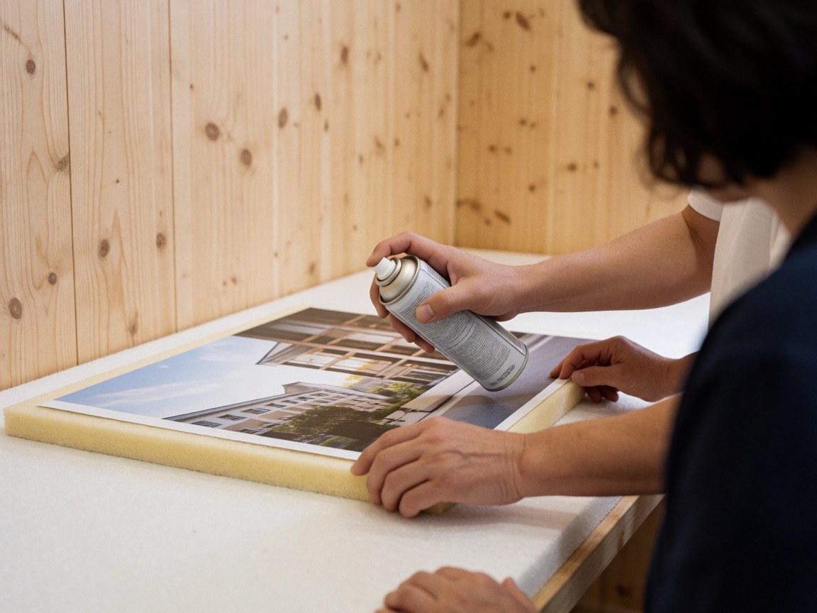 Close-up of a hand applying spray adhesive to a printed graphic on a foam board in a workshop setting