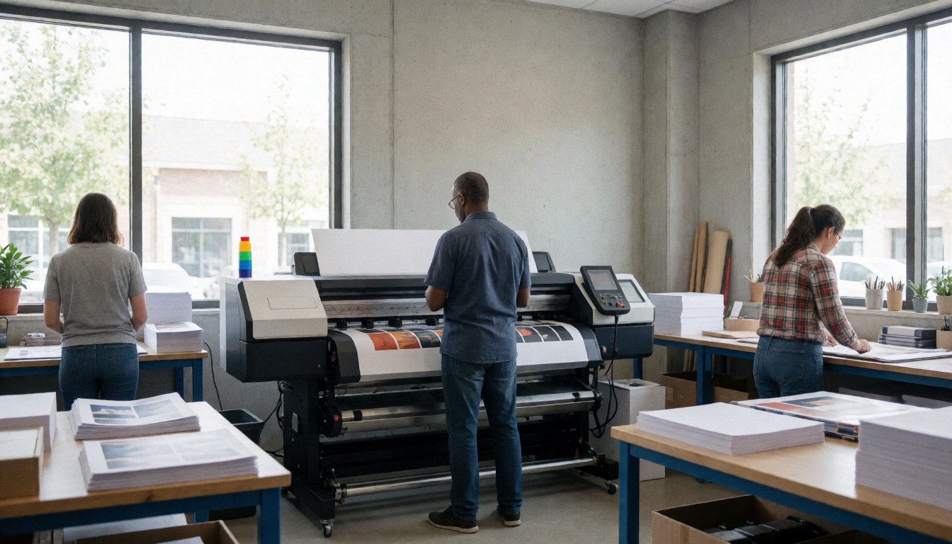Three people working on a large digital printer in a print shop with windows, tables, and paper stacks.