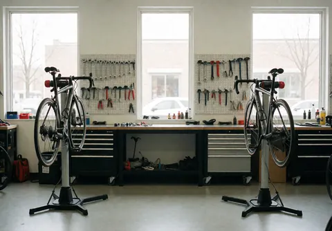 Two bicycles secured on repair stands in a clean, well-lit workshop with tools on the walls and organized work tables.