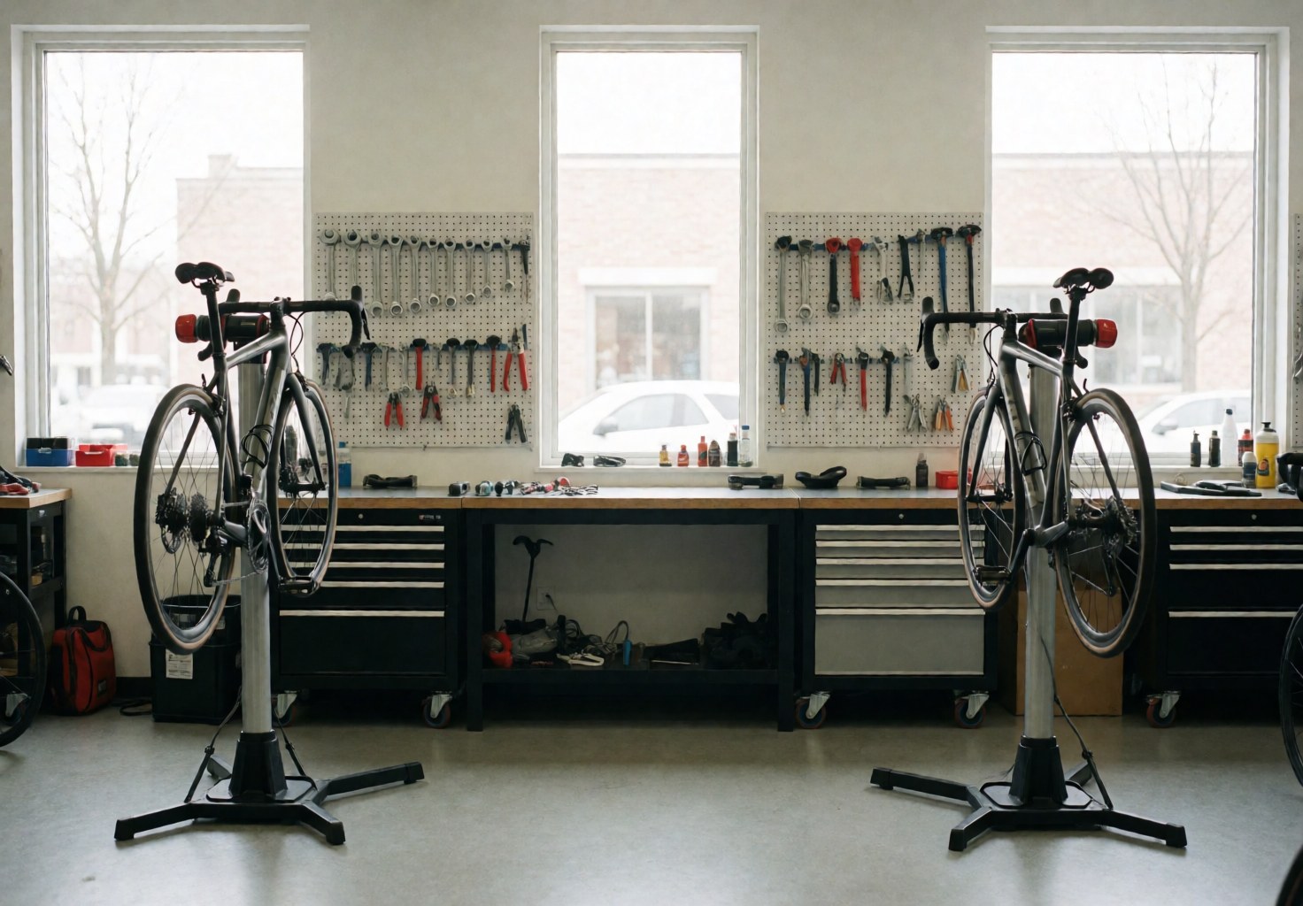 Two bicycles secured on repair stands in a clean, well-lit workshop with tools on the walls and organized work tables.