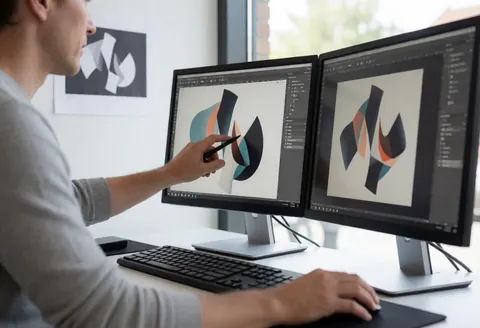 A designer adjusts vector graphics on two monitors using a stylus, with a printed proof visible on the wall and natural light from a window.