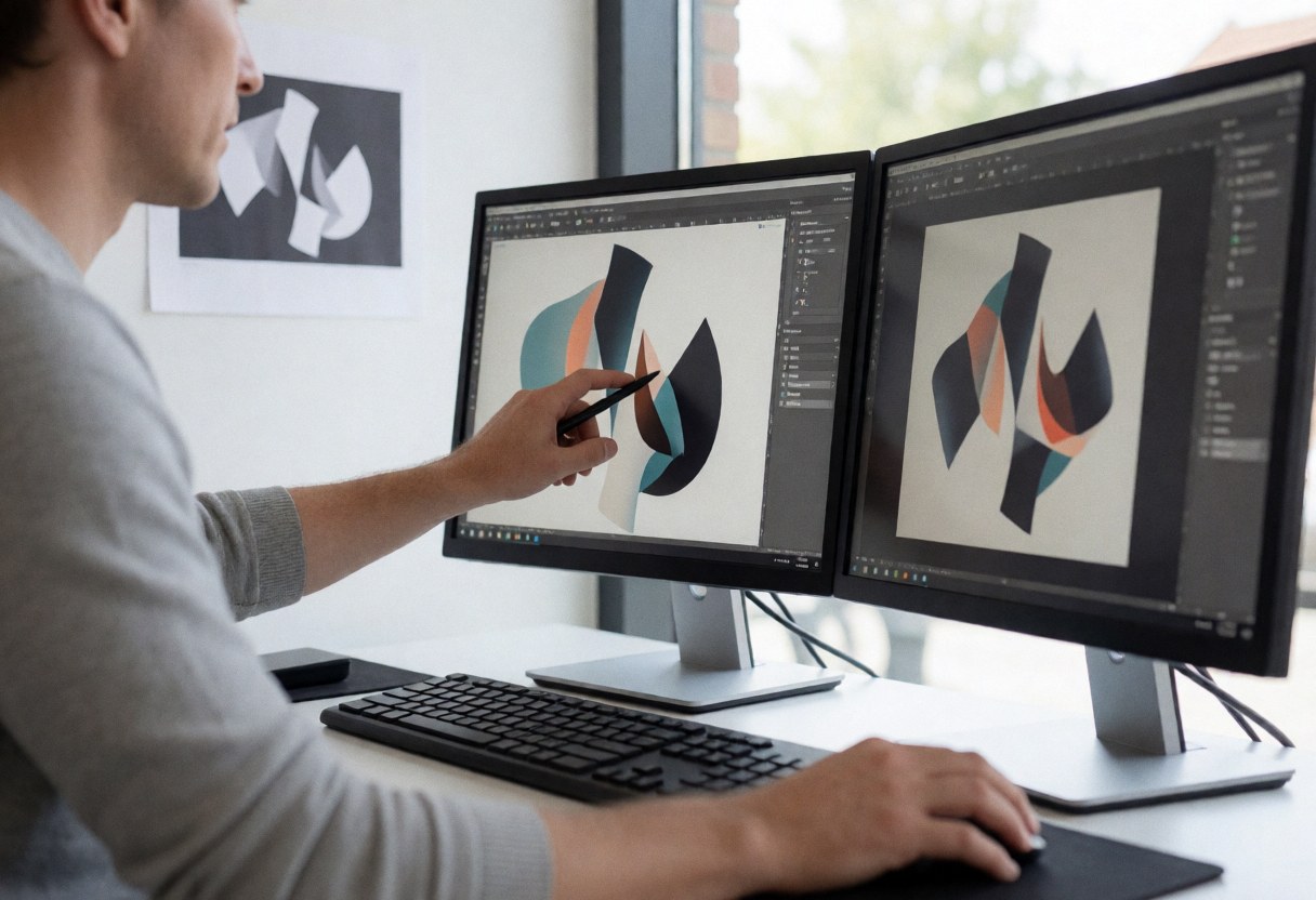 A designer adjusts vector graphics on two monitors using a stylus, with a printed proof visible on the wall and natural light from a window.