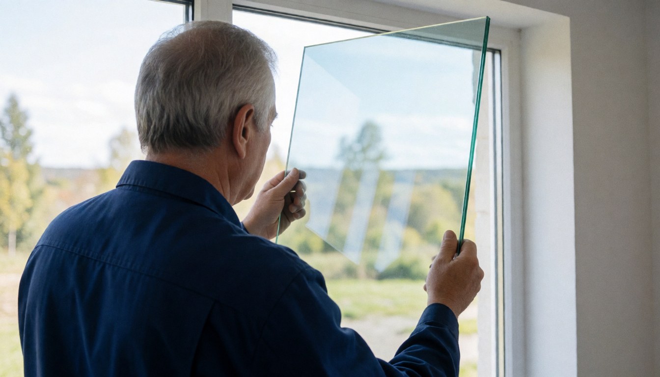 A worker installs a tempered glass pane into a window frame during daylight with a landscape background.