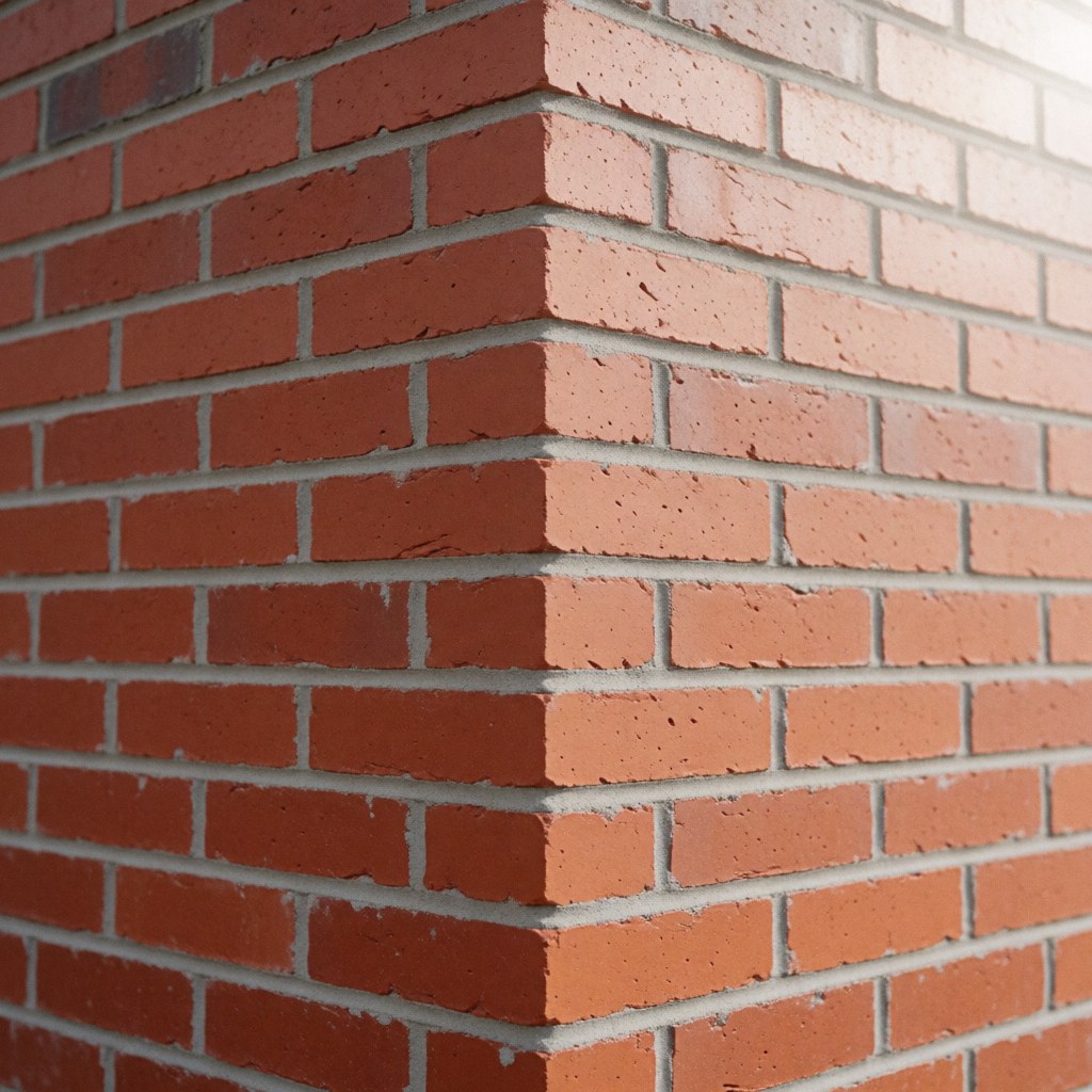 Close-up angle of a red brick wall with gray mortar, showing realistic texture and diffused lighting for construction and architecture projects