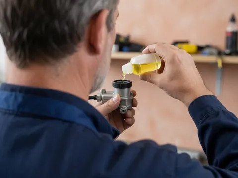 Close-up of brake fluid being poured into a motorcycle brake cylinder during repair work