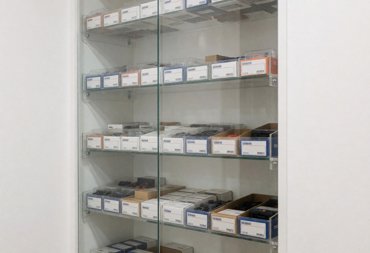 Glass display case with shelves full of electronic component boxes, white walls, even lighting, ideal for repair shop