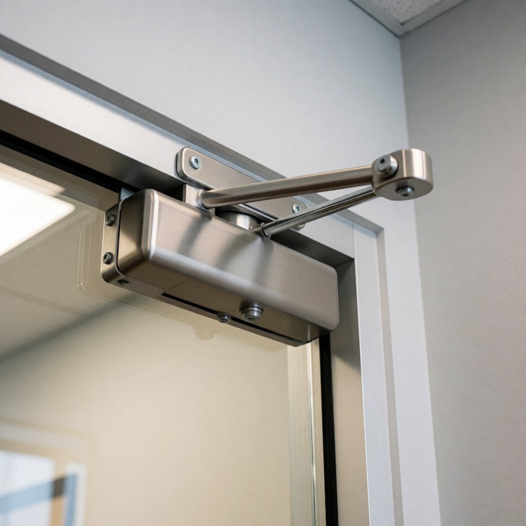 Automatic hydraulic door closer mounted on a glass security door frame with gray walls and professional lighting