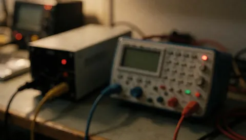 Blurred background of an electronics repair workshop featuring a signal generator and power supply with warm lighting for text overlays