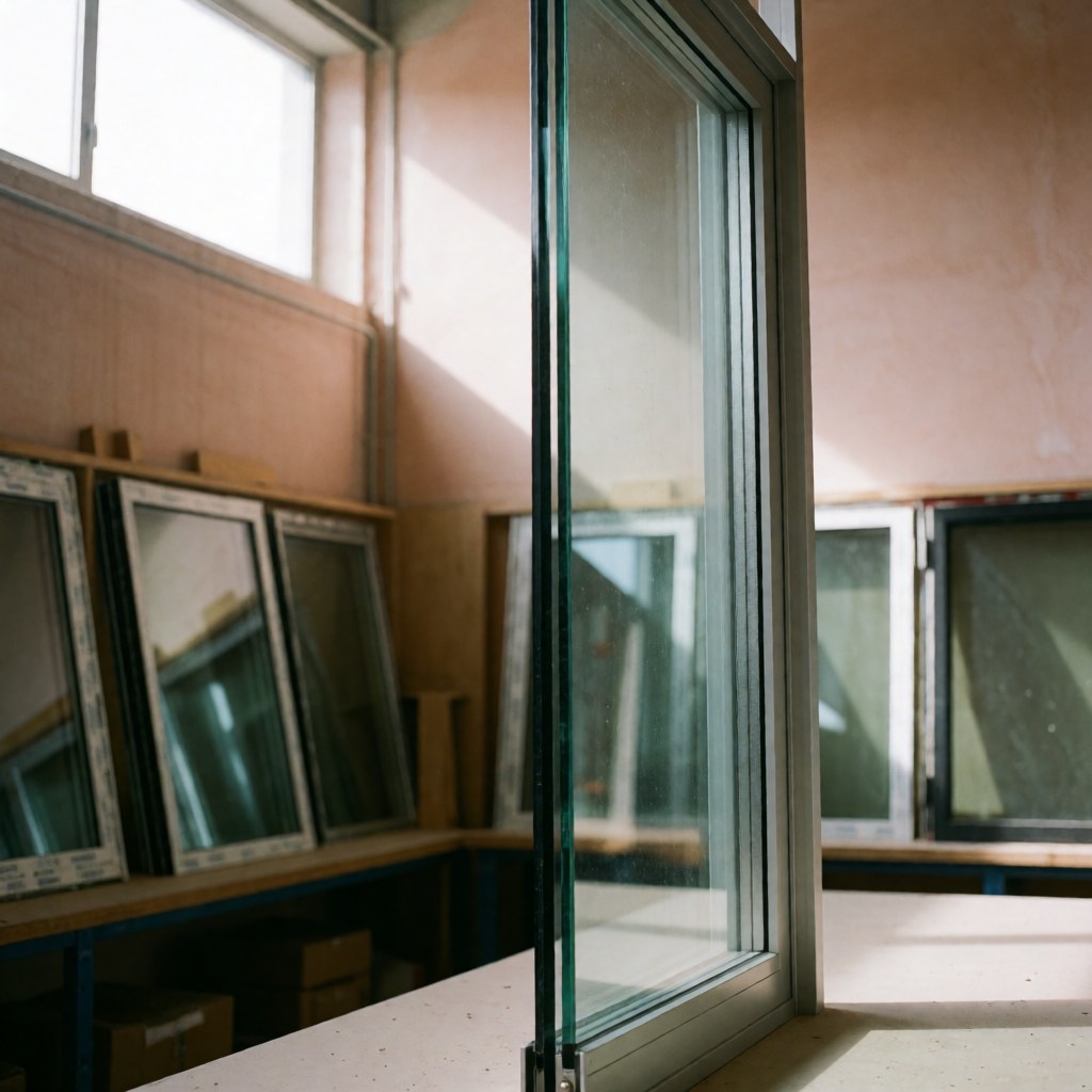 Thick glass aluminum window in workshop with natural light and organized window frames in background