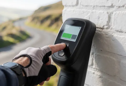 Close-up of a gloved hand pressing the battery button on an electric bike display with a mountain road background in morning light