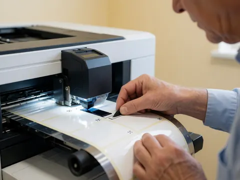 Close-up of hands guiding a label strip through a printer, showing the detailed printing process with bright light and a beige background.