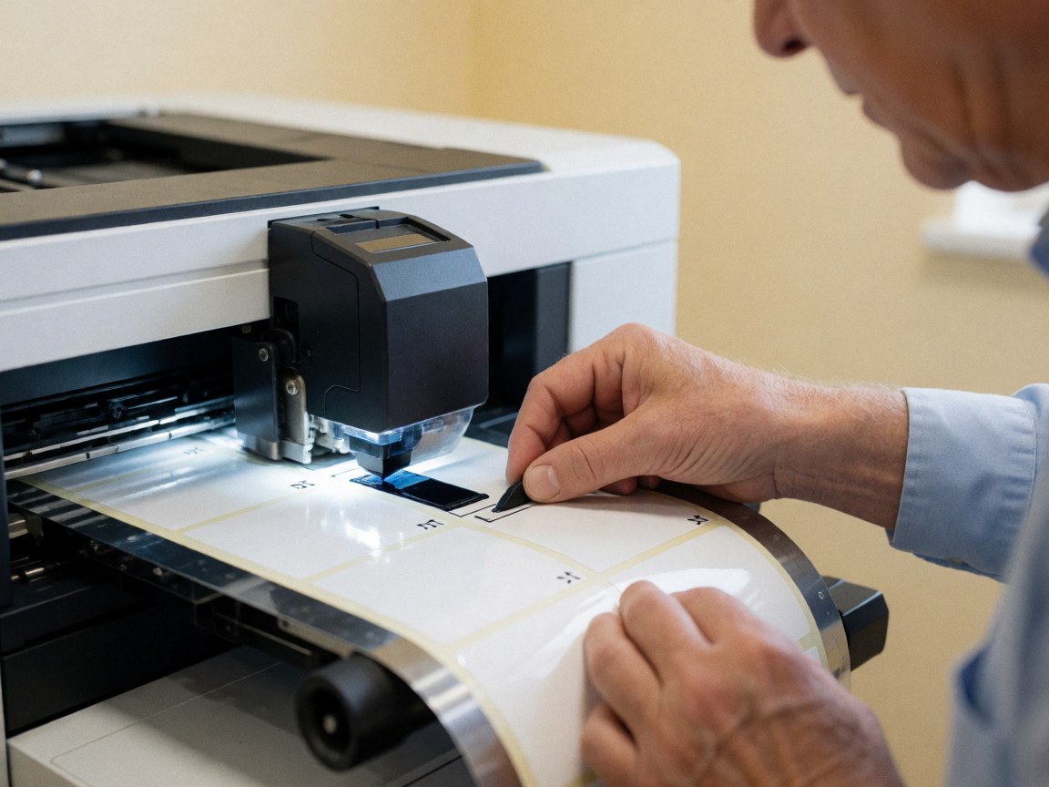 Close-up of hands guiding a label strip through a printer, showing the detailed printing process with bright light and a beige background.