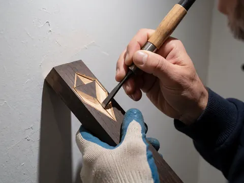 Close-up of a gloved hand carving a geometric design into dark wood using a carpenter's knife against a light gray wall.