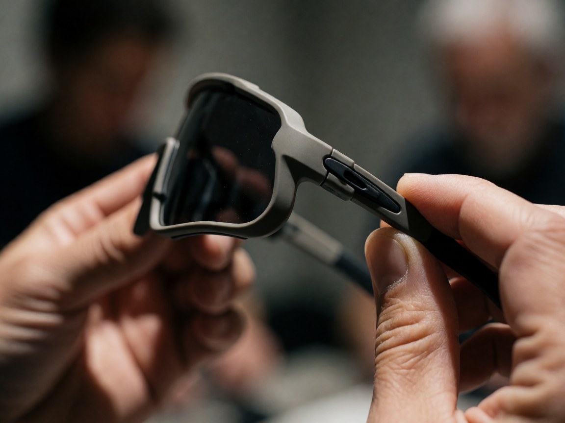 Close-up view of cycling eyewear hinges held by hands with a blurred background, showcasing technical product details for coaches.